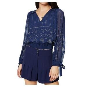 Ramy Brook Navy Gold Studded Sheer Blouse Top Size L